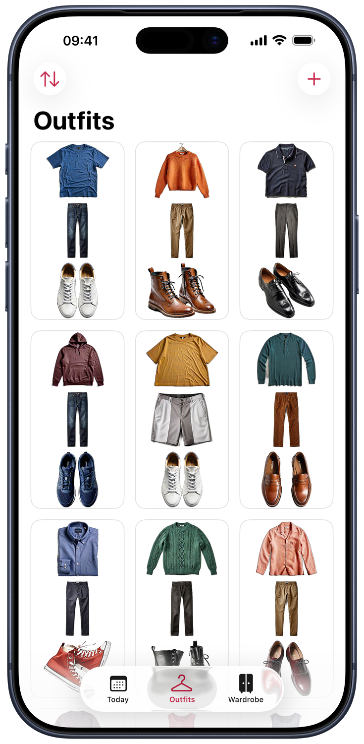 The Outfits screen with a grid of saved outfits