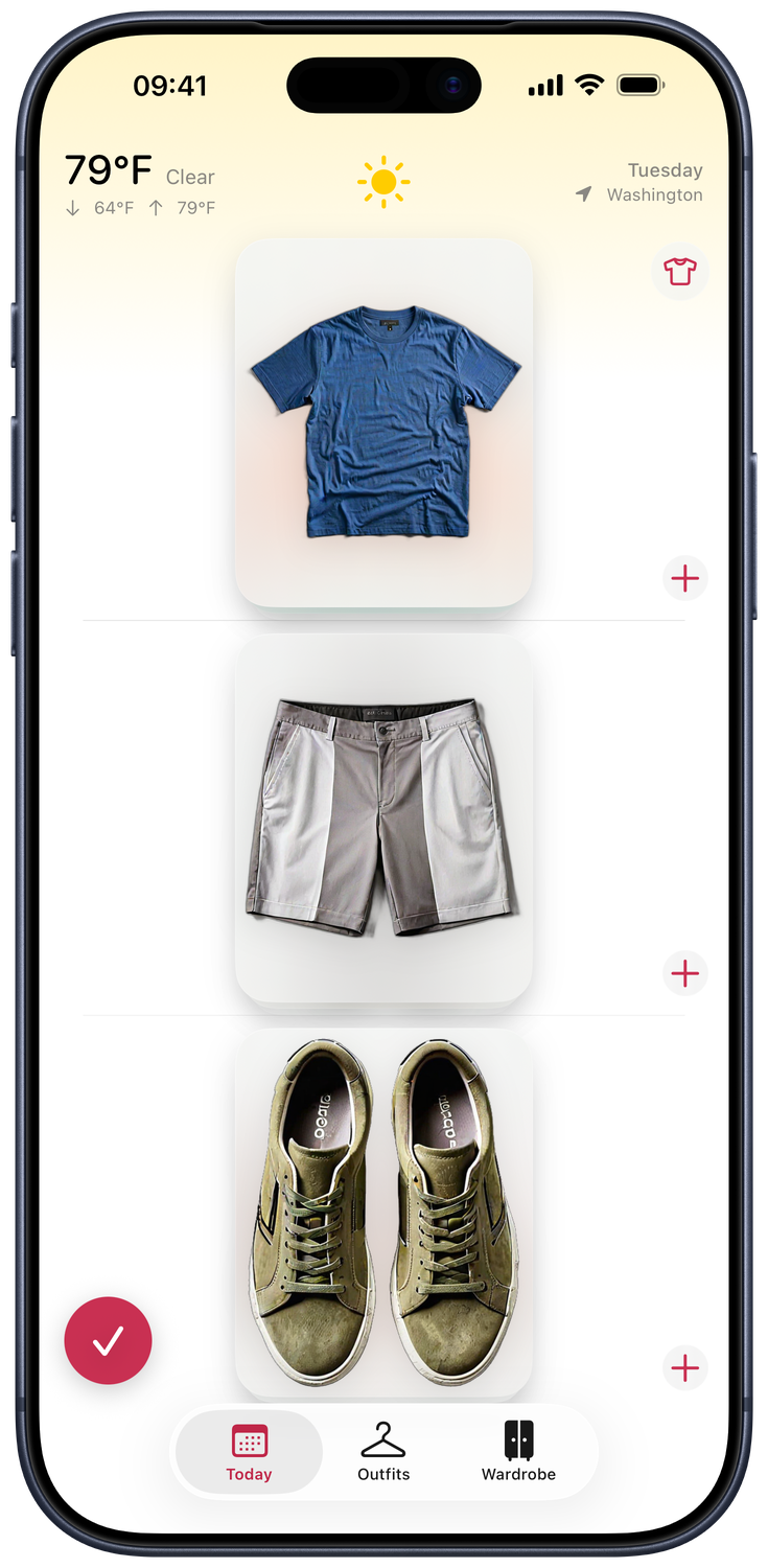 The Today screen showing a T-shirt, shorts and sneakers picked for sunny weather