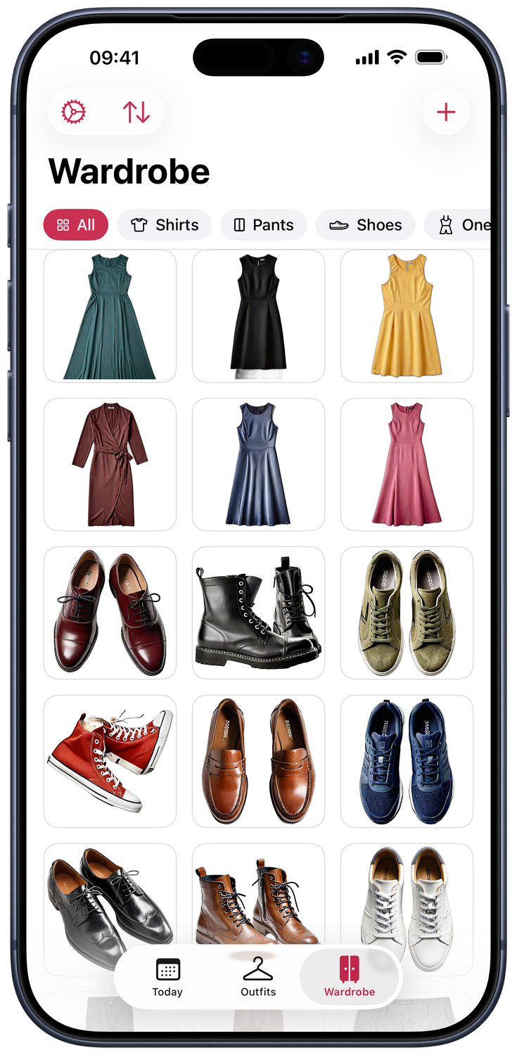 The Wardrobe screen with dresses and shoes